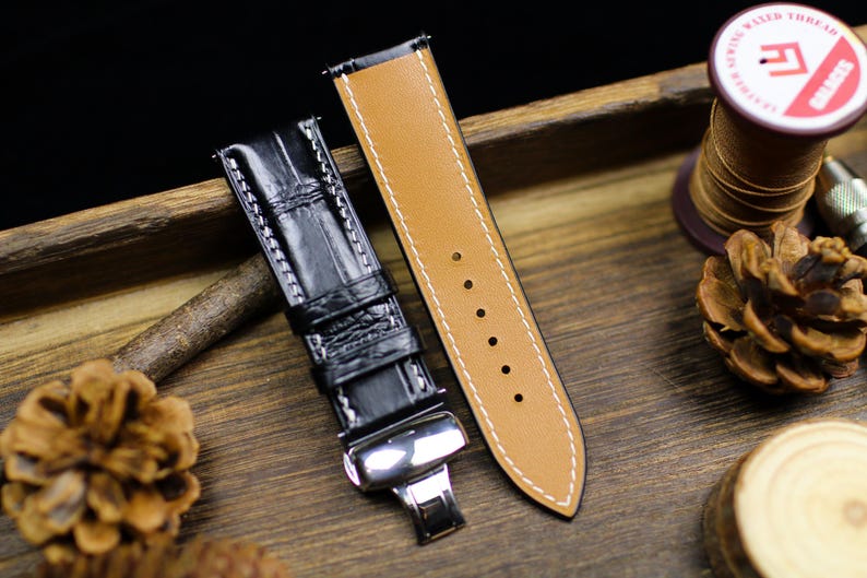 Black Alligator Leather Watch Strap 18mm 20mm 22mm 24mm - Handmade Watch Band with Deployant Clasp