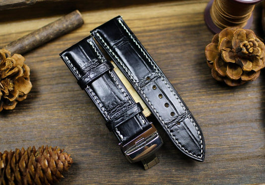 Black Alligator Leather Watch Strap 18mm 20mm 22mm 24mm - Handmade Watch Band with Deployant Clasp