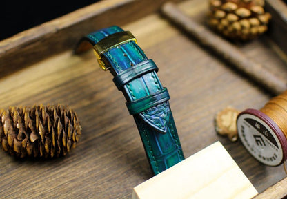 Teal Alligator Leather Watch Strap - Handmade Genuine Alligator Watch Band with Deployant Clasp 16mm-24mm