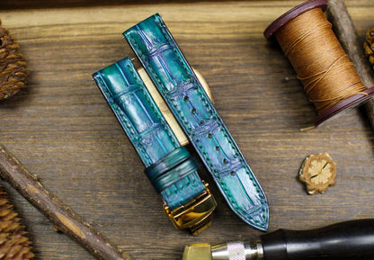 Teal Alligator Leather Watch Strap - Handmade Genuine Alligator Watch Band with Deployant Clasp 16mm-24mm