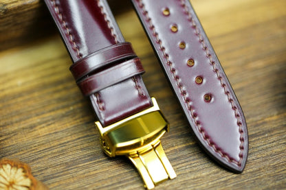 Shell Cordovan Watch Strap - Cognac Oxblood Leather Band 18mm 20mm 22mm 24mm with Deployant Clasp