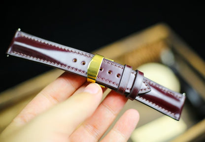 Shell Cordovan Watch Strap - Cognac Oxblood Leather Band 18mm 20mm 22mm 24mm with Deployant Clasp