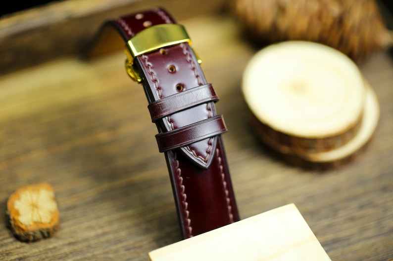 Shell Cordovan Watch Strap - Cognac Oxblood Leather Band 18mm 20mm 22mm 24mm with Deployant Clasp