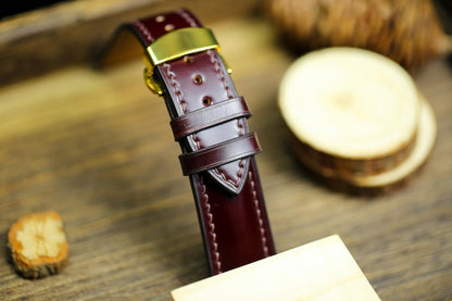 Shell Cordovan Watch Strap - Cognac Oxblood Leather Band 18mm 20mm 22mm 24mm with Deployant Clasp