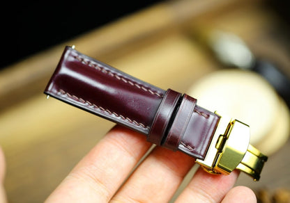 Shell Cordovan Watch Strap - Cognac Oxblood Leather Band 18mm 20mm 22mm 24mm with Deployant Clasp