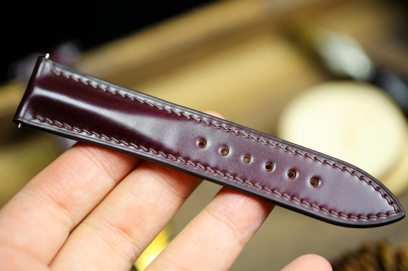 Shell Cordovan Watch Strap - Cognac Oxblood Leather Band 18mm 20mm 22mm 24mm with Deployant Clasp