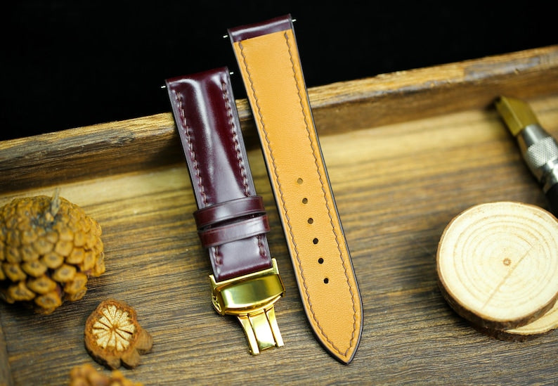 Shell Cordovan Watch Strap - Cognac Oxblood Leather Band 18mm 20mm 22mm 24mm with Deployant Clasp