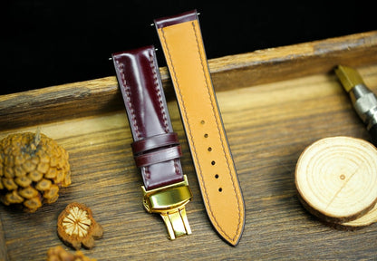 Shell Cordovan Watch Strap - Cognac Oxblood Leather Band 18mm 20mm 22mm 24mm with Deployant Clasp