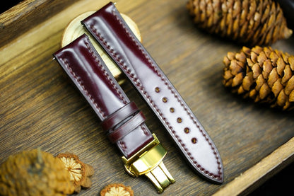 Shell Cordovan Watch Strap - Cognac Oxblood Leather Band 18mm 20mm 22mm 24mm with Deployant Clasp