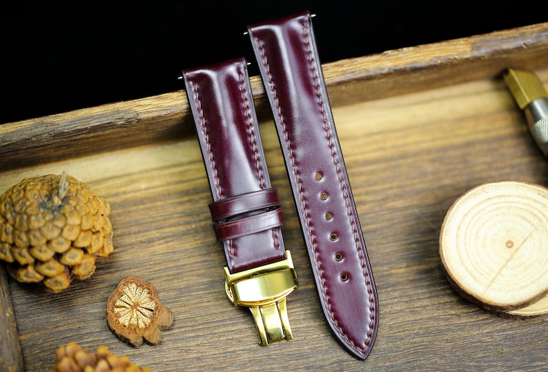 Shell Cordovan Watch Strap - Cognac Oxblood Leather Band 18mm 20mm 22mm 24mm with Deployant Clasp