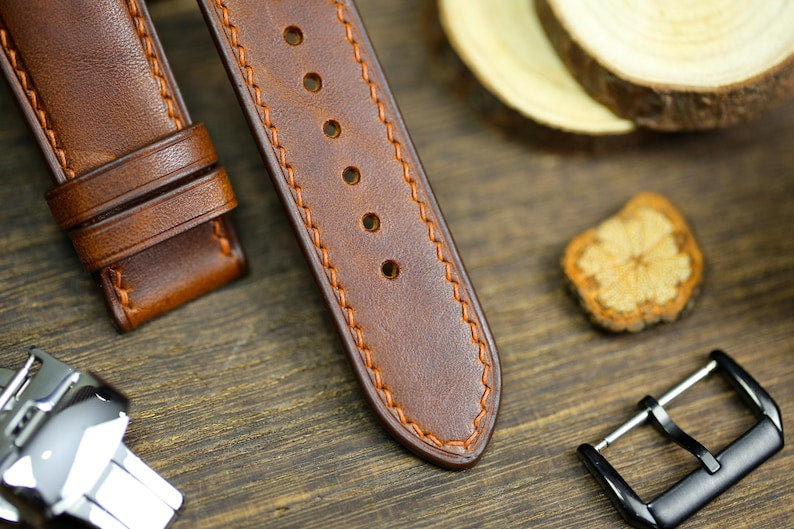 Brown Vachetta Leather Watch Strap - Handmade Italian Leather Watch Band with Deployant Clasp 12mm-24mm