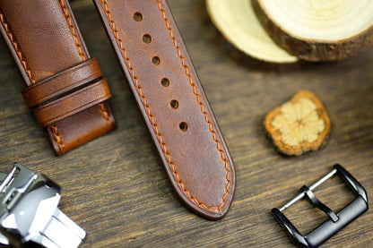 Brown Vachetta Leather Watch Strap - Handmade Italian Leather Watch Band with Deployant Clasp 12mm-24mm
