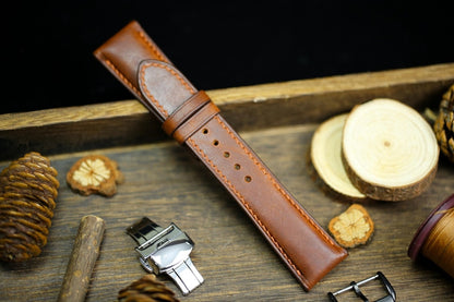 Brown Vachetta Leather Watch Strap - Handmade Italian Leather Watch Band with Deployant Clasp 12mm-24mm