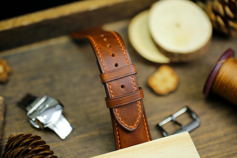 Brown Vachetta Leather Watch Strap - Handmade Italian Leather Watch Band with Deployant Clasp 12mm-24mm