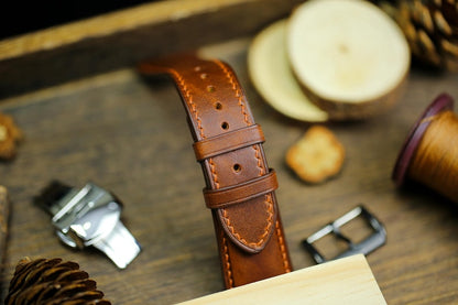 Brown Vachetta Leather Watch Strap - Handmade Italian Leather Watch Band with Deployant Clasp 12mm-24mm