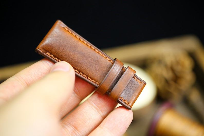 Brown Vachetta Leather Watch Strap - Handmade Italian Leather Watch Band with Deployant Clasp 12mm-24mm