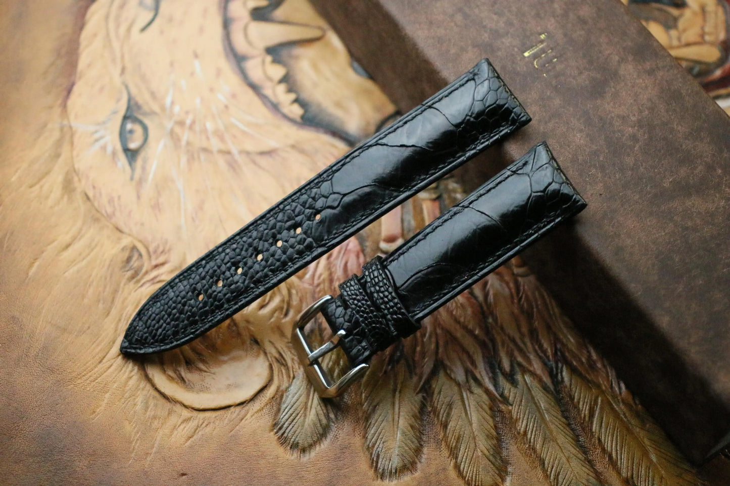 Handmade Ostrich Foot Black Leather Watch Strap - Premium Exotic Scales