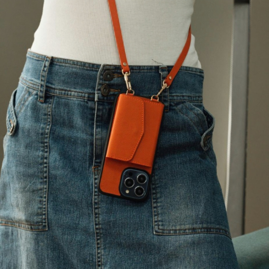Handcrafted Epsom Leather iPhone Case with Zip Wallet & Crossbody Strap